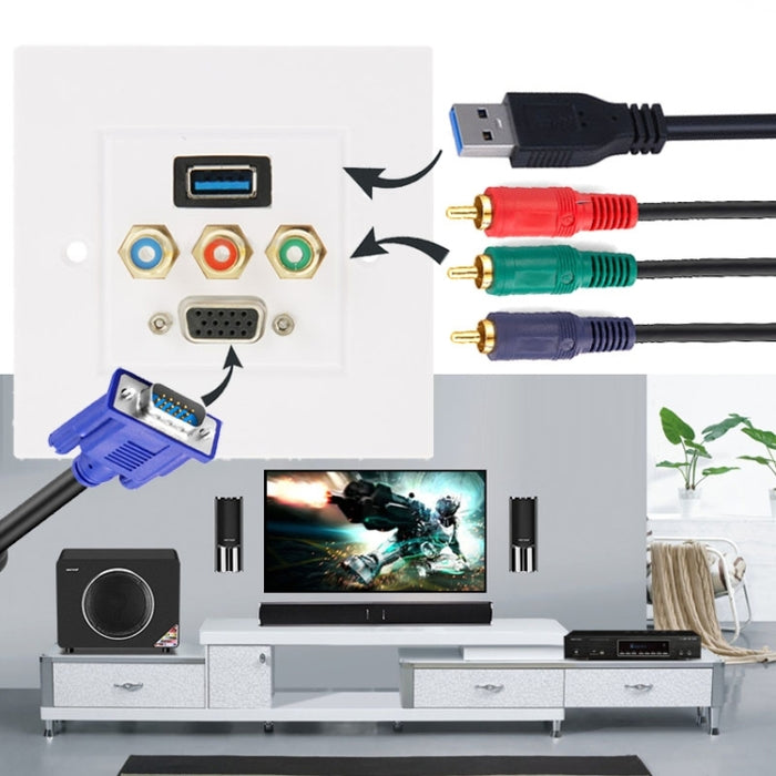 USB 3.0-Buchse + 3 Cinch-Buchsen + VGA-Buchse, Wandplattenpanel.