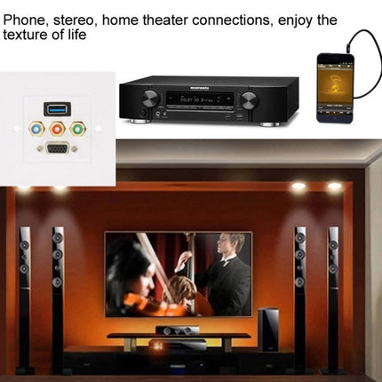Panel de placa de pared con conector hembra USB 3.0 + 3 conectores hembra RCA + conector hembra VGA