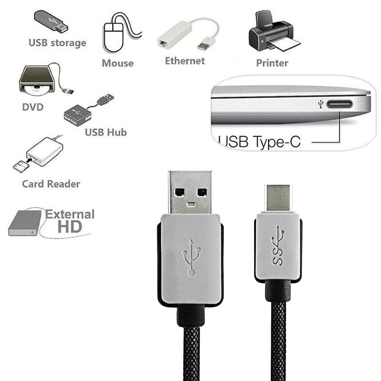3m Woven Style 2A USB-C / Type-C 3.1 Male to USB 3.0 Male Data / Charger Cable