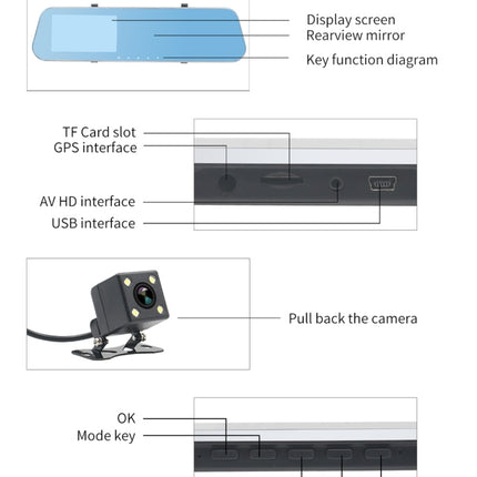 Full HD 1080P 4.3 inch Screen Display Dual Camera Vehicle DVR, 140 Degree Wide Angle Viewing, Support Night Vision / Parking Monitoring / Loop Recording / Motion Detection / G-Sensor / TF Card