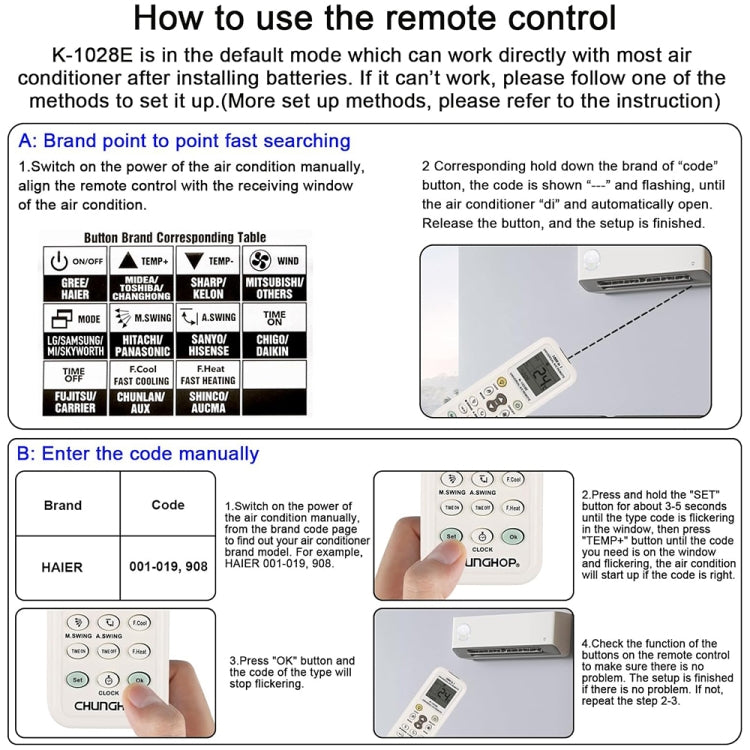 Chunghop K-1028E 1000 in 1 Universal A/C Remote Controller with Flashlight, K-1028E with Flashlight