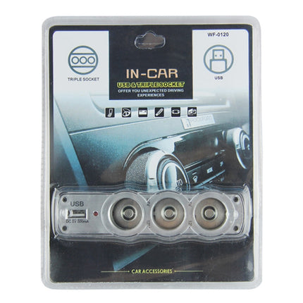WF-0120 12V / 24V 3 Way Triple Sockets USB Car Cigarette Lighter Socket Splitter Charger, WF-0120