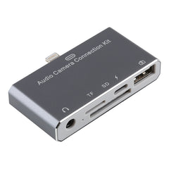 D-198 5 in 1 8 Pin to USB HUB +USB-C / Type-C + 3.5mm Earphone + SD + TF Card Reader for MacBook, PC, Laptop, Smart Phones