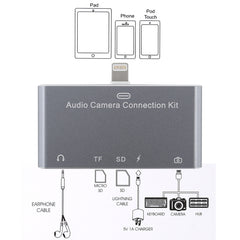 D-198 5 in 1 8 Pin to USB HUB +USB-C / Type-C + 3.5mm Earphone + SD + TF Card Reader for MacBook, PC, Laptop, Smart Phones
