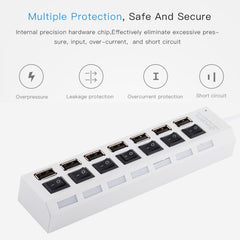 7 Ports USB Hub 2.0 USB Splitter High Speed 480Mbps with ON/OFF Switch / 7 LEDs, 7 Ports (White), 7 Ports (Black)