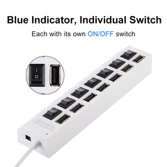 7 Ports USB Hub 2.0 USB Splitter High Speed 480Mbps with ON/OFF Switch / 7 LEDs, 7 Ports (White), 7 Ports (Black)