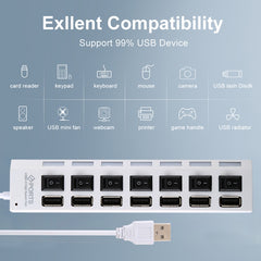 7 Ports USB Hub 2.0 USB Splitter High Speed 480Mbps with ON/OFF Switch / 7 LEDs, 7 Ports (White), 7 Ports (Black)