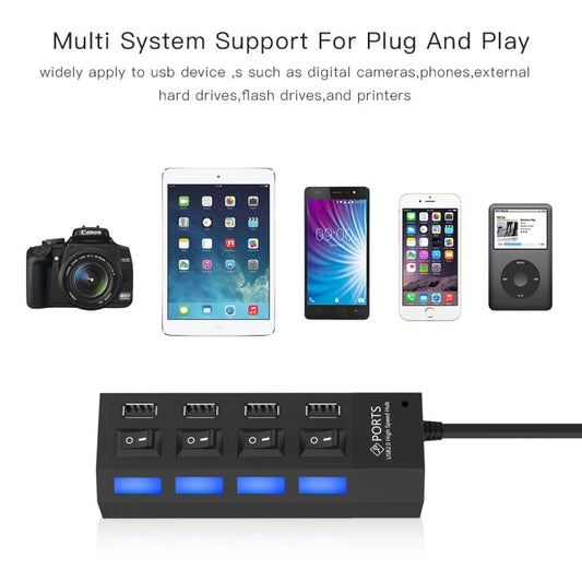 4 Ports USB Hub 2.0 USB Splitter High Speed 480Mbps with ON/OFF Switch, 4 LED, 4 Ports with 4 LED (Black)