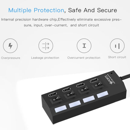 4 Ports USB Hub 2.0 USB Splitter High Speed 480Mbps with ON/OFF Switch, 4 LED, 4 Ports with 4 LED (Black)