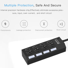 4 Ports USB Hub 2.0 USB Splitter High Speed 480Mbps with ON/OFF Switch, 4 LED, 4 Ports with 4 LED (Black)