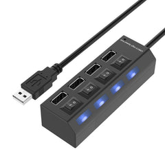 4 Ports USB Hub 2.0 USB Splitter High Speed 480Mbps with ON/OFF Switch, 4 LED, 4 Ports with 4 LED (Black)