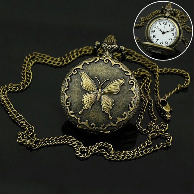 Butterfly Pattern Zinc Alloy Chain Analog Quartz Pocket Watch, Butterfly Pattern