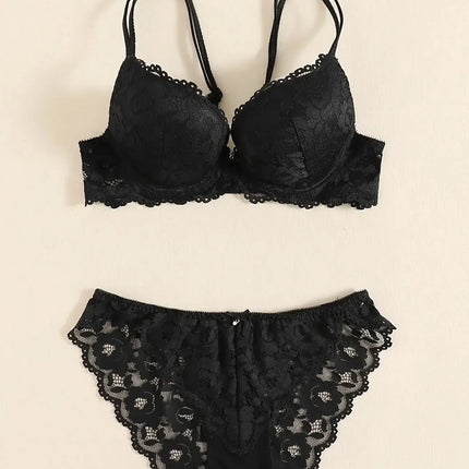 1 Set Elegant Erotic Lace Embroidery Breathable Fabric Lingeries : Push-Up Bra, Low Waist Sheer Panty - Ultimate Valentine's Day