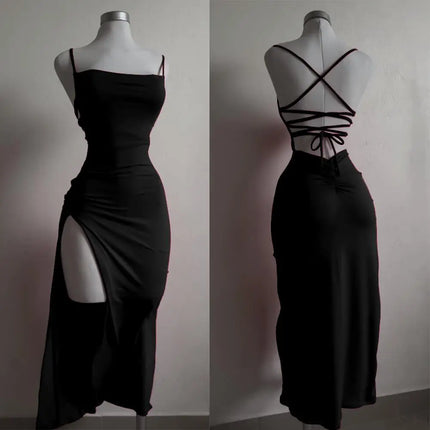 Red Lace-Up Back High Split Maxi Dress – Bodycon Summer Evening Dress