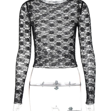 Dulzura Long Sleeves See Through Lace Crop Top Solid Sexy Bodycon T-Shirt For Women Party Club Spring Summer Clothes