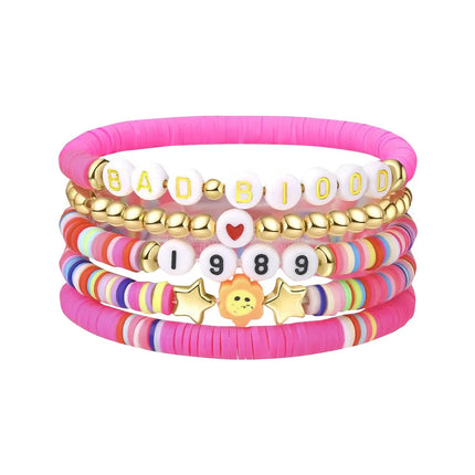 Five Piece Bracelet Set Of Men’s And Women’s Soft Clay Bracelets Fashionable Colourful Letter And Bead Print Beauty Bracelet