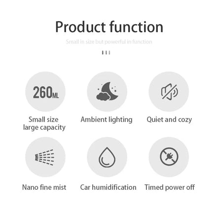 LED Light Aromatherapy Machine Humidifier Diffuser for Car Small Air Humidification Home and Bedroom Big Spray 260ml