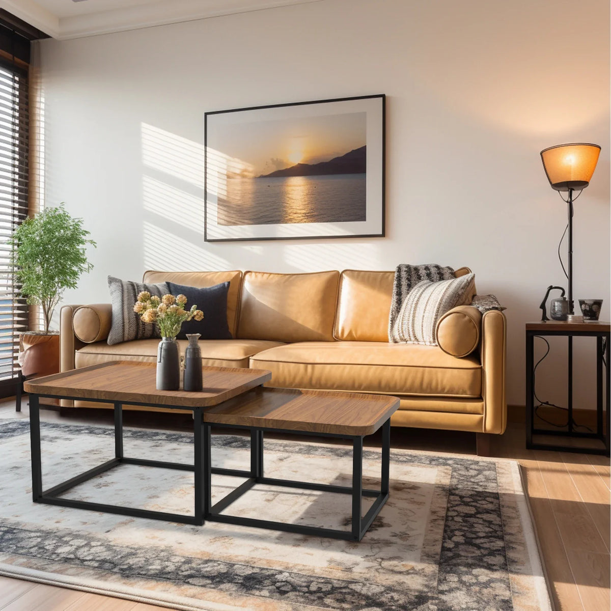 2PCS Industrial-inspired Coffee Table Set Stacking Vintage Side End Table Space Saving Living Room Furniture