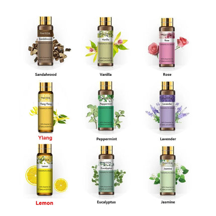 9pcs 10ml Diffuser Aroma Oil Pure Natural Essential Oils Gift Set Kit Rose Lavender Jasmine Eucalyptus Vanilla Mint Ylang Ylang