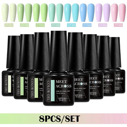 MEET ACROSS 8Pcs/Set Gel Nail Polish Set for All Season Neon Marcaron Green Red Series UV Gel Varnish Manicure Kit Nail Supplies