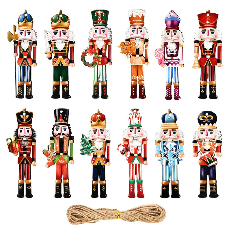 12Pcs Nutcracker Soldier Wooden Pendant Xmas Tree Hanging Ornament 2024 Christmas Decoration for Home Navidad 2025 New Year Gift