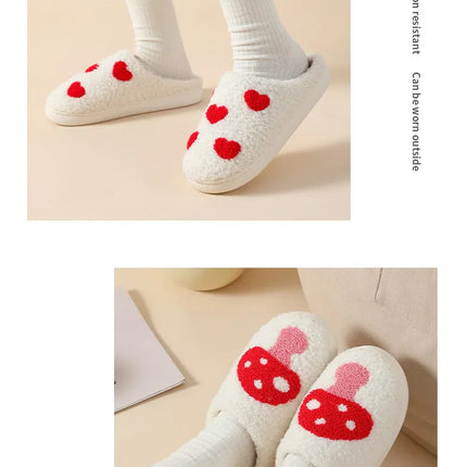 House Slippers for Women, Cute Big Small Heart, Fluffy Cozy Home Comfy Shoes for Ladies, Indoor Slippers for Winter, Mushroom