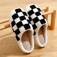 Winter Fuzzy Slippers Fashion Checker Indoor Embroidery Houseshoes Cozy Woman Winter Fluffy House Retro Checkered Print Shoes
