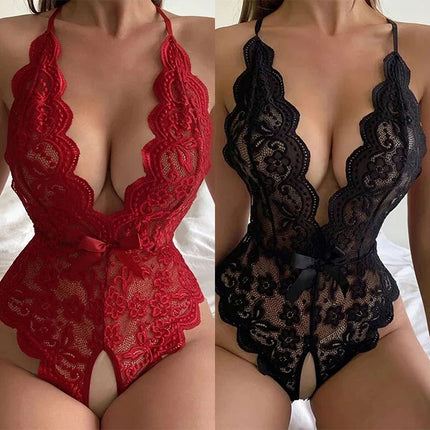 Crotchless Red Sexy Underwear Women Lace Hollow Bra Set Erotic Costume Teddy Baby Doll Dress Deep V Open Bra Bow Lingerie Set