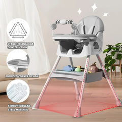 3-in-1 Baby HighChair, Foldable Portable Baby Dining Chairs Eat & Play Convertible High Chair with Double-Layer Dinner Plate