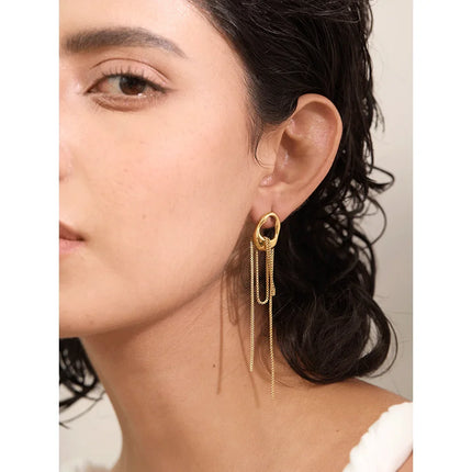Yhpup 316L Stainless Steel Geometric Tassel Chain Drop Dangle Earrings for Women Temperament Popular Waterproof Jewelry Gift
