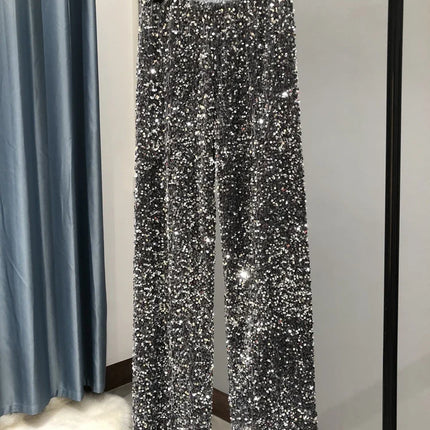 The New Women's Fashion Trendy Sparkling Gold Pants Relaxation of Tall Waist Wide-legged Pants Women's South Korean Style