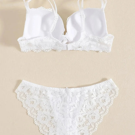 1 Set Elegant Erotic Lace Embroidery Breathable Fabric Lingeries : Push-Up Bra, Low Waist Sheer Panty - Ultimate Valentine's Day