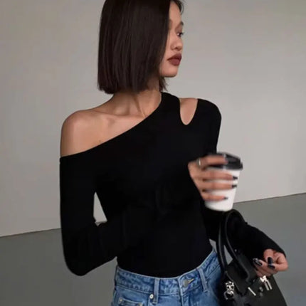 Fashion Skew Collar Off-shoulder Long-sleeved T-shirts Women Spring New Solid Slim Fit Crop Top Sexy Hollow Out Tees Shirts
