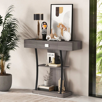GOFLAME T-Shaped Industrial Console Table Narrow Sofa Side Table Entryway Display Shlves