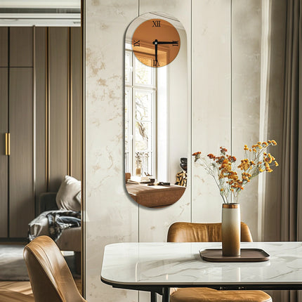 Long Oblong Brown Tinted Wall Clock with Silver Mirrored Modern Decorative Clock Roman Numerals for Living Room