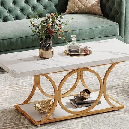 Tribesigns Rectangle Coffee Table, 47.24-inch Modern Coffee Tables for Living Room, 2-Tier Faux Marble Wood Coffee Table