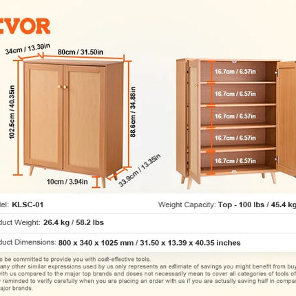 VEVOR 5 Tiers 2 Doors 40.35" Tall and Adjustable Shelves Rattan Shoe Storage Entryway Cabinet Ideal for Entryway Closet Hallway