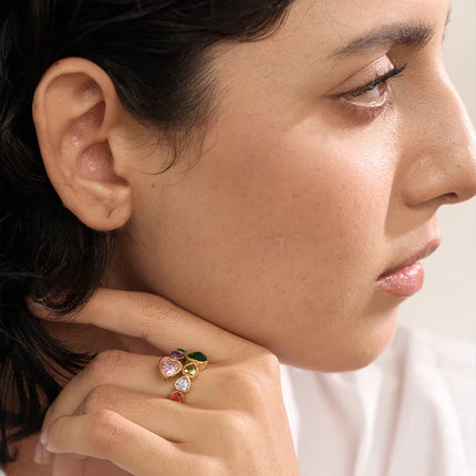 Yhpup Delicate Cubic Zirconia Heart Stainless Steel Gold Color Adjustable Fashion Open Ring High Quality Chic Charm Jewelry