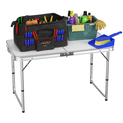 Features:  - Folding table with carry handle  - Moulded plastic top - includes handy carrying handle  - Sturdy aluminum alloy fr