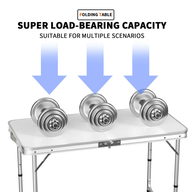 Features:  - Folding table with carry handle  - Moulded plastic top - includes handy carrying handle  - Sturdy aluminum alloy fr