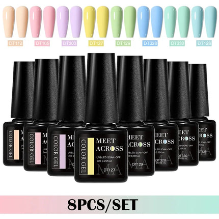 MEET ACROSS 8Pcs/Set Gel Nail Polish Set for All Season Neon Marcaron Green Red Series UV Gel Varnish Manicure Kit Nail Supplies