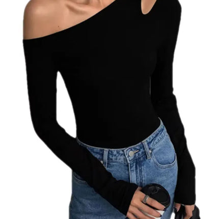 Fashion Skew Collar Off-shoulder Long-sleeved T-shirts Women Spring New Solid Slim Fit Crop Top Sexy Hollow Out Tees Shirts