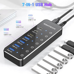 RSHTECH 7-Port Powered USB C Hub with 10Gbps USB-C 3.2 Ports Individual Touch Switches 5V/3A Power Adapter Laptop USB Splitter