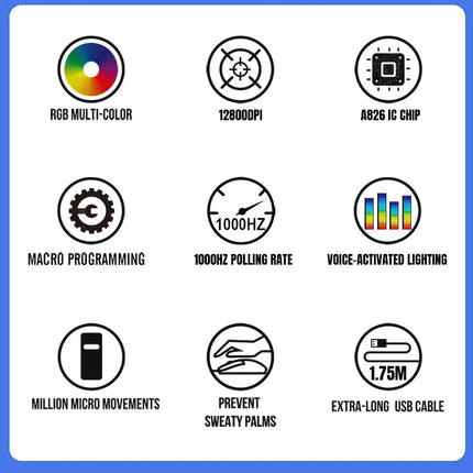 G6 Gaming Mouse Wired 128000DPI ChipA826 RGB Macro-programmable Ergonomic design superior for Gaming and Work