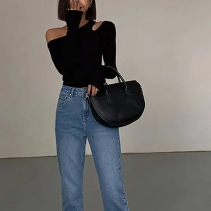 Fashion Skew Collar Off-shoulder Long-sleeved T-shirts Women Spring New Solid Slim Fit Crop Top Sexy Hollow Out Tees Shirts