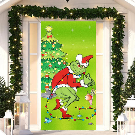 Christmas door banner, Christmas door hanging, Christmas decoration outdoor, Christmas background door hanging (green Grinch)
