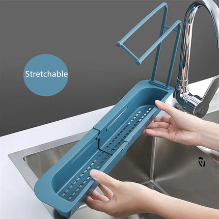Telescopic Sink Shelf Kitchen Self Draining Rack Soap Sponge Storage Basket Holder Rag Towel Bar Household Supplies