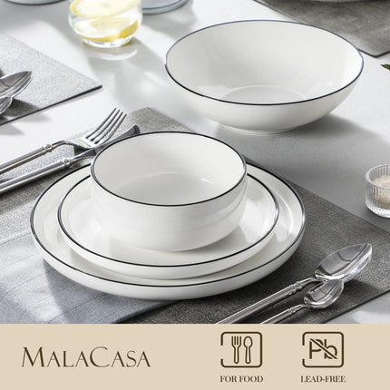 MALACASA 24/48Piece Ceramic Plates Black Rim Porcelain Dinnerware Set  6/12 Pcs Dinner/Soup/Dessert Plates/Bowl Service for 6/12