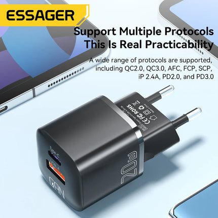 Essager 20W GaN USB Type C Charger PD Fast Charge Phone QC 3.0 Quick Chargers For iPhone 14 13 12 11 Pro Max Mini iPad Charging