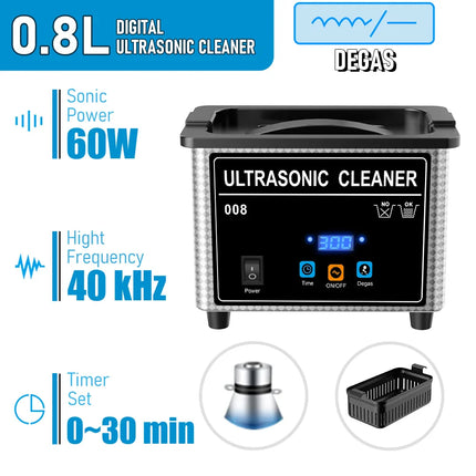 800ml Household Digital Ultrasonic Cleaner 30W/60W Stainless Steel Bath Degas Ultrasound Washing for Watches Jewelry